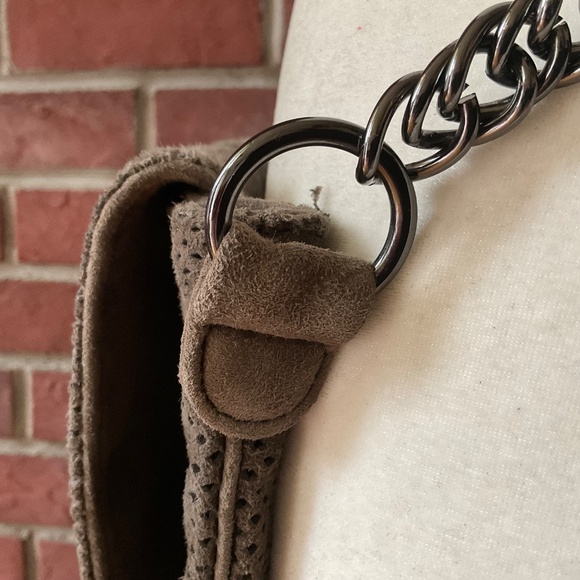 ASH Dark Taupe Leather Suede Boho Crossbody Chunky Metal Strap Bag - Picture 13 of 16